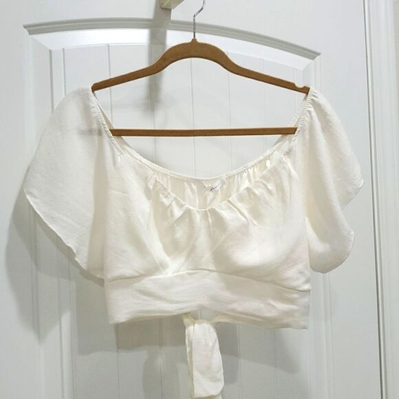 Ces Femme Tops - Ces Femme Cream Linen Blend Crop Tie Back Shirt Short Bell Sleeves LG, NWT